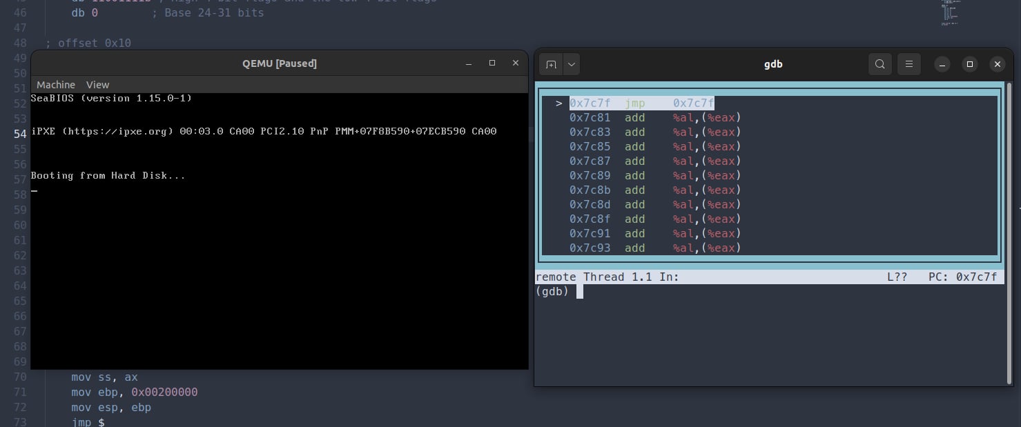 A live debugging session: QEMU and GDB side by side
